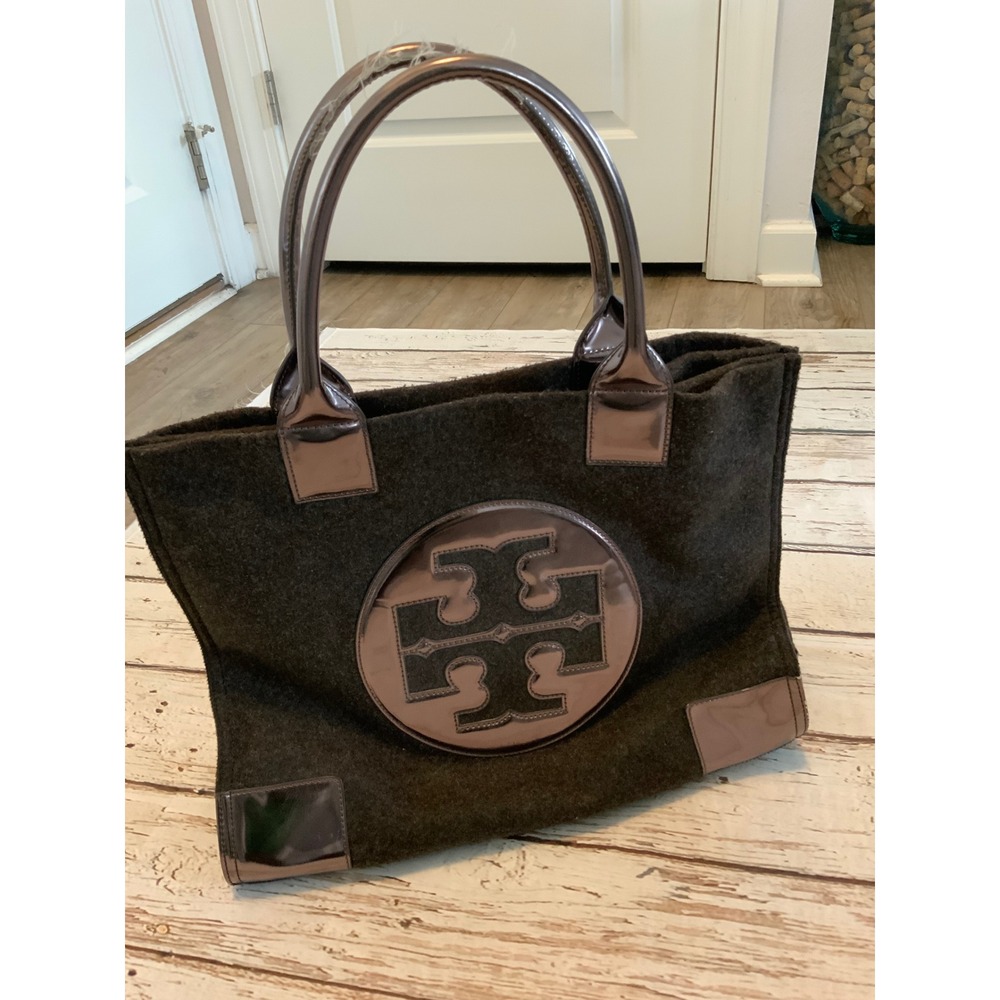 Tory Burch Ella Tote Bag Wool Felt Metallic Pewter Patent Leather Large